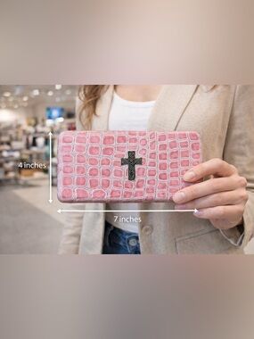 Pink Snake Skin Look Wallet with Cross Embellishment